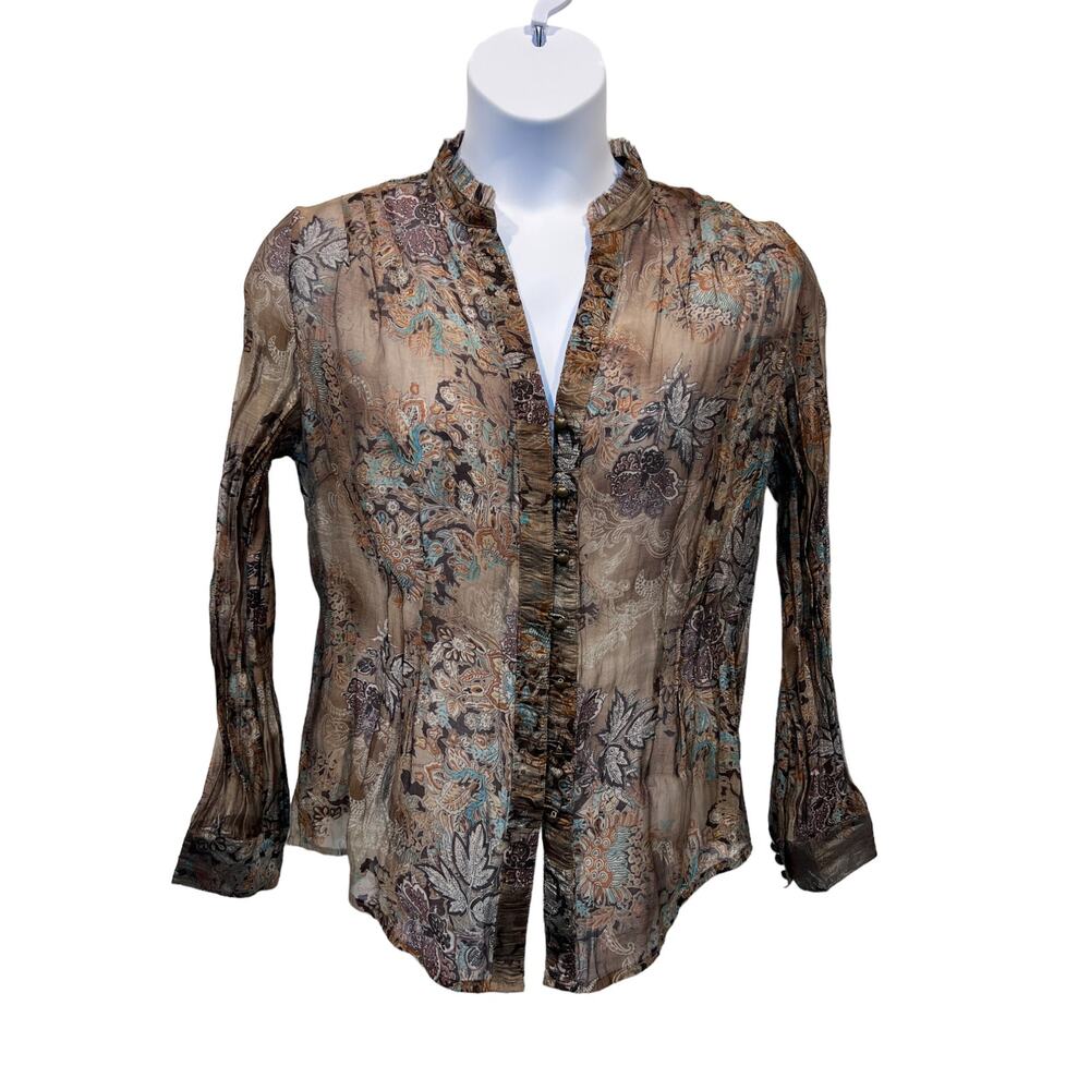 Coldwater Creek Top Wmns Sz Large 14|16 Brown Paisley Leaves Blouse Tuck Detail